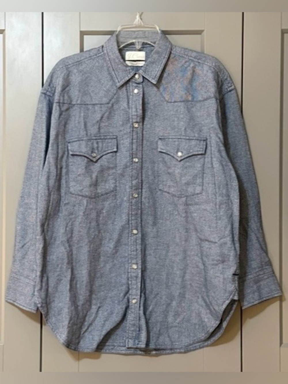J. Crew Pearl Snap Western Denim Chambray Shirt Cotton Blue Cowgirl Womens Sz 8
